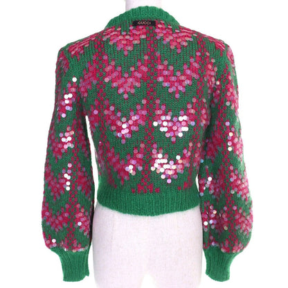 Gucci Sequin Cropped Length Mohair Blend Long Sleeve Knit Sweater Green Pink XS — view 3