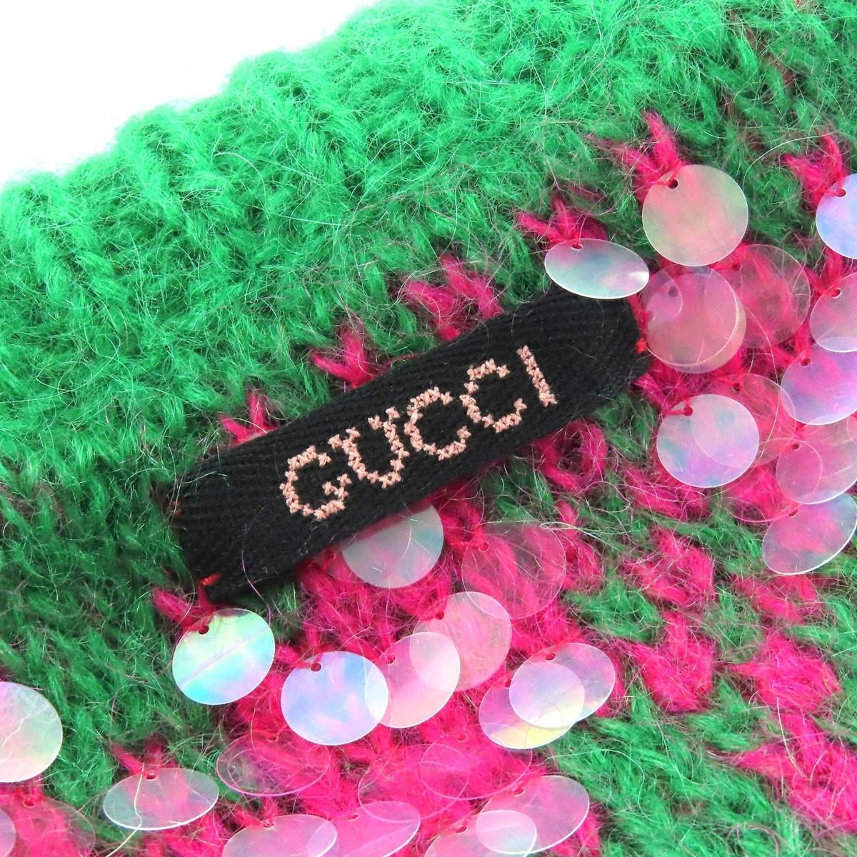 Gucci Sequin Cropped Length Mohair Blend Long Sleeve Knit Sweater Green Pink XS — view 5