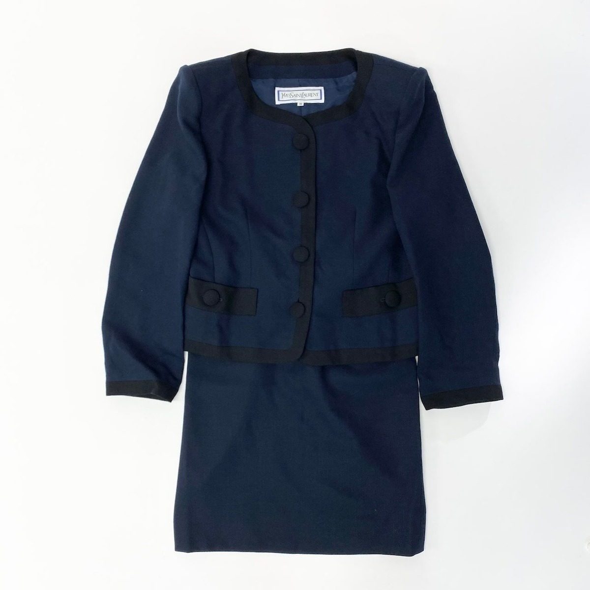 Saint Laurent Yves Skirt Set Jacket Tight Bicolor M Navy Black Wool — view 2