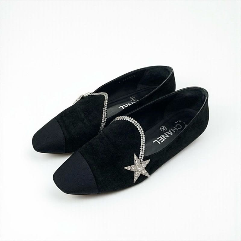 Chanel Flat Shoes Suede Fabric Black Opera Star Bijou Rhinestone