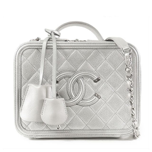 Chanel CC Figly Vanity Silver Caviar Leather 2-Way Shoulder Bag