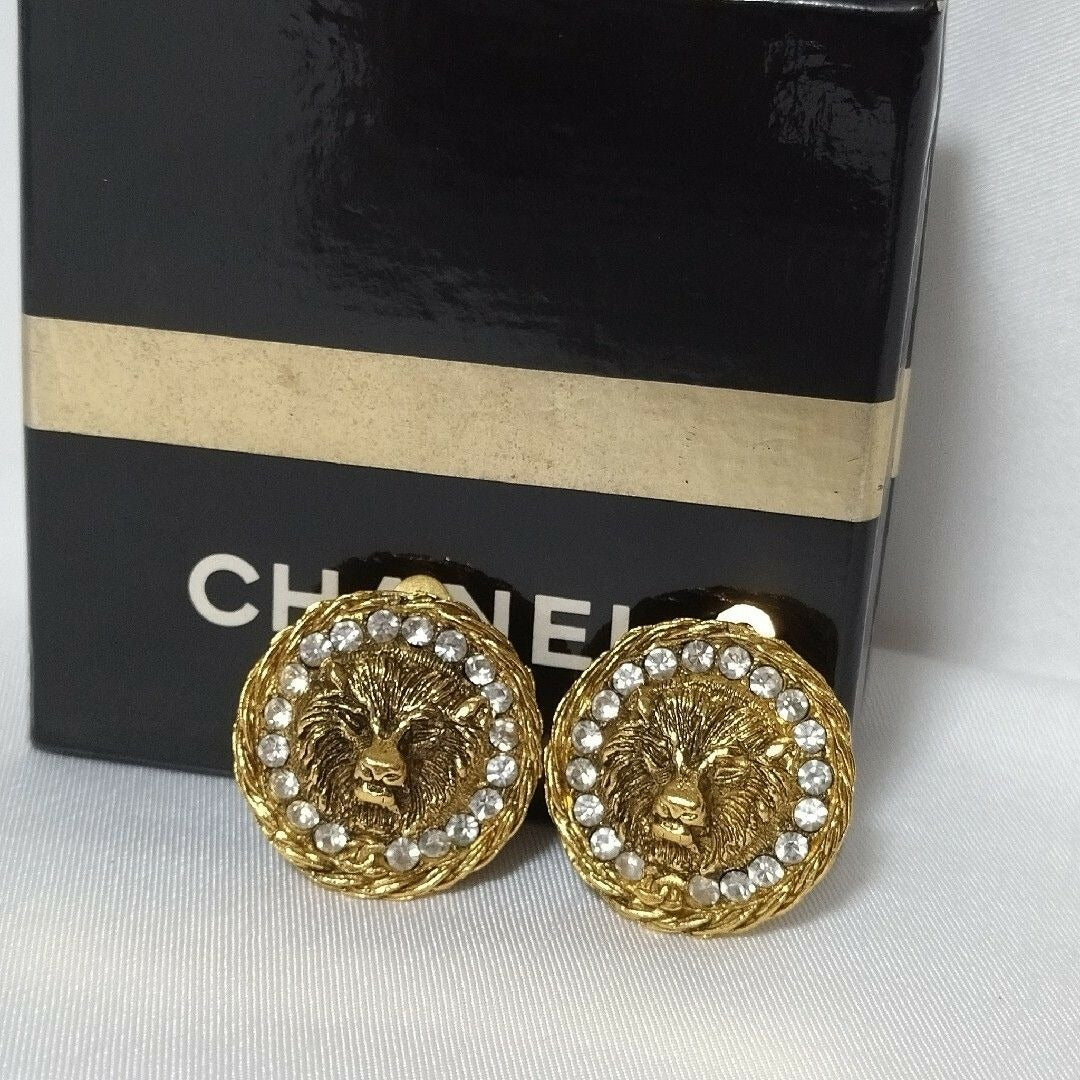 Chanel Lion Earrings Gold Rhinestone Circle
