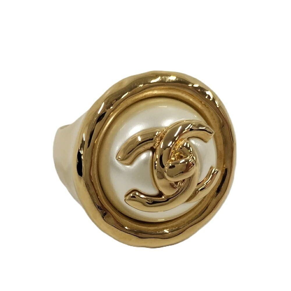 Chanel CC Logo Pearl Ring Gold Plated
