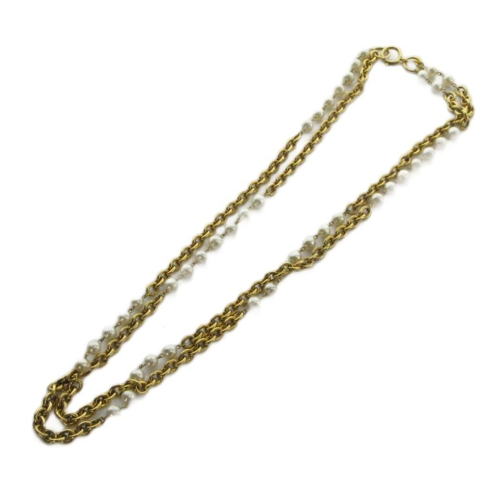 Chanel Necklace Logo Chain Faux Pearl 2 Rows Gold