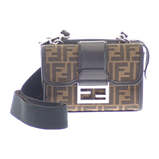 Fendi Baguette Double Shoulder Bag Leather FF Jacquard Brown Black