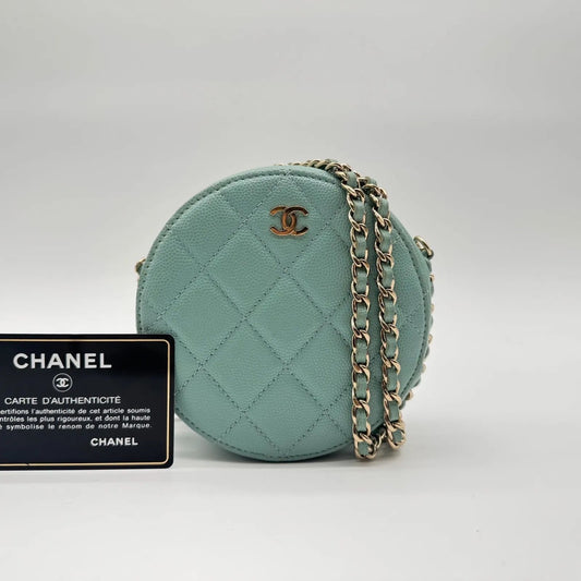 Chanel Shoulder Bag Round Caviar Leather Quilted CC Logo Gold Emerald Green