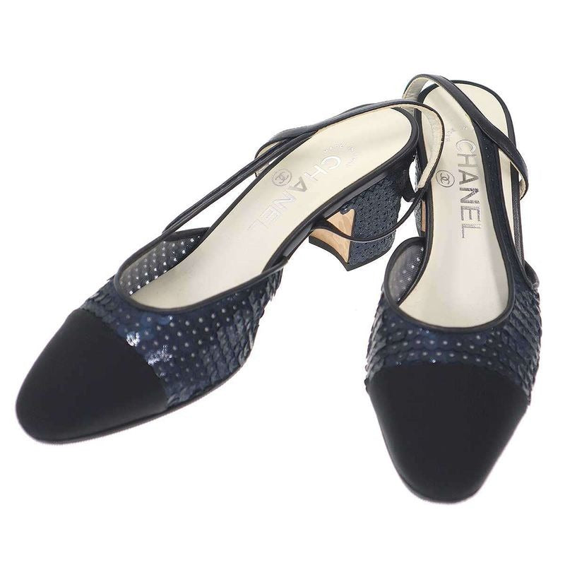 Chanel Sequins Ring Back Shoes Sandals Navy 35