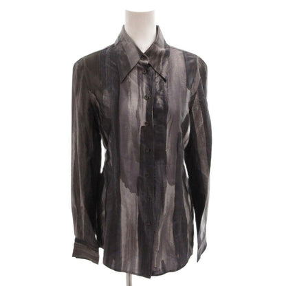 Fendi Shirt Blouse All Over Pattern Glossy Silk Long Sleeve 38 Gray