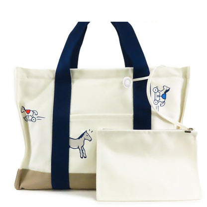 Hermes Adada Blue Marine Ivory Silver Cotton Mothers Tote Bag