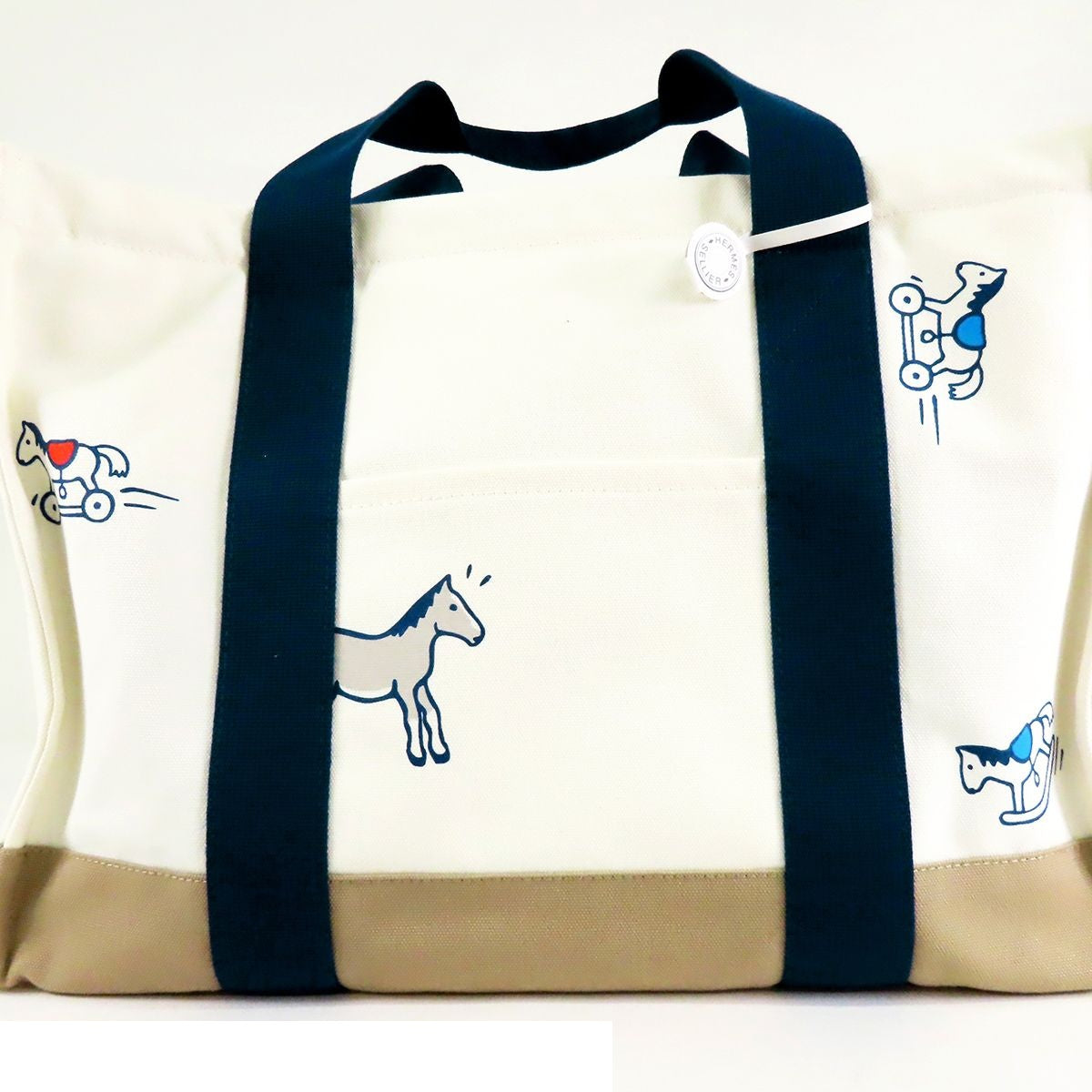 Hermes Adada Blue Marine Ivory Silver Cotton Mothers Tote Bag — view 5