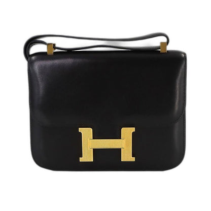 Hermes Constance 23 Guilloche Shoulder Bag Box Calf Leather Black