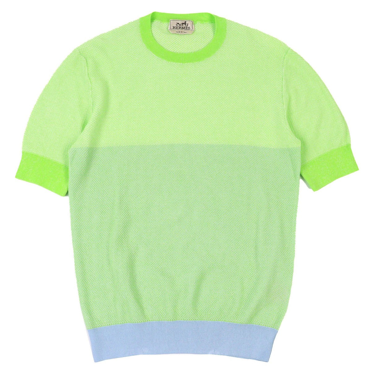 Hermes 100% Cotton Crew Neck Bicolor Short Sleeve Knit Light Green Blue
