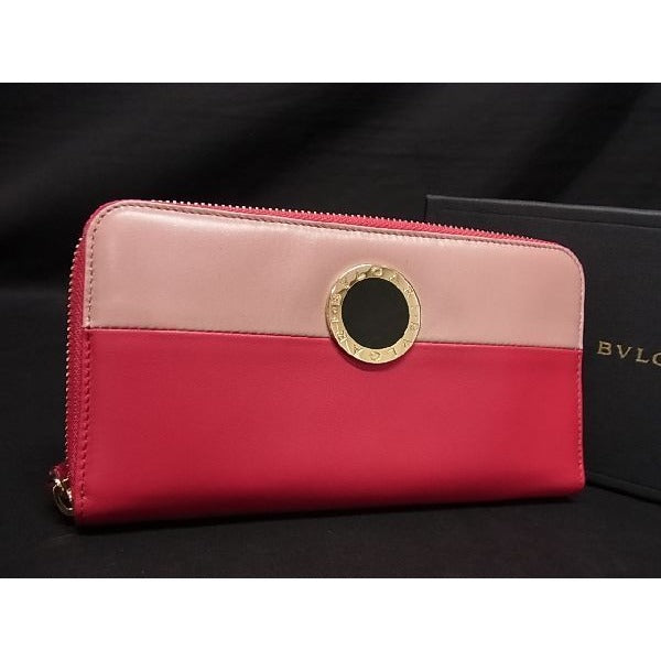 Bvlgari Leather Round Zipper Long Wallet Coin Purse Pink Al5168