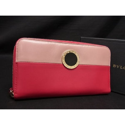Bvlgari Leather Round Zipper Long Wallet Coin Purse Pink Al5168