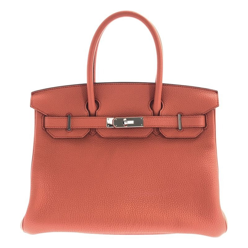 Hermes Birkin 30 Togo Leather Handbag Engraved Silver Hardware Orange
