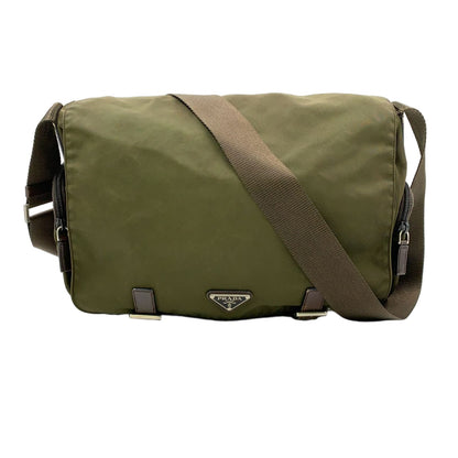 Prada Nylon Khaki Green Shoulder Bag Silver