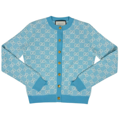 Gucci GG Pattern Cardigan Crew Neck Top Wool Cotton Light Blue