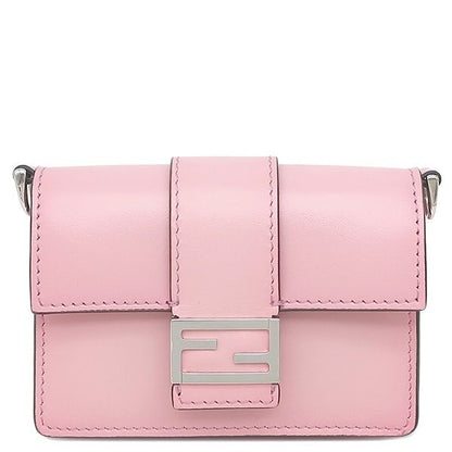 Fendi Shoulder Bag Micro Flat Leather Pink Silver Compact Wallet Mini