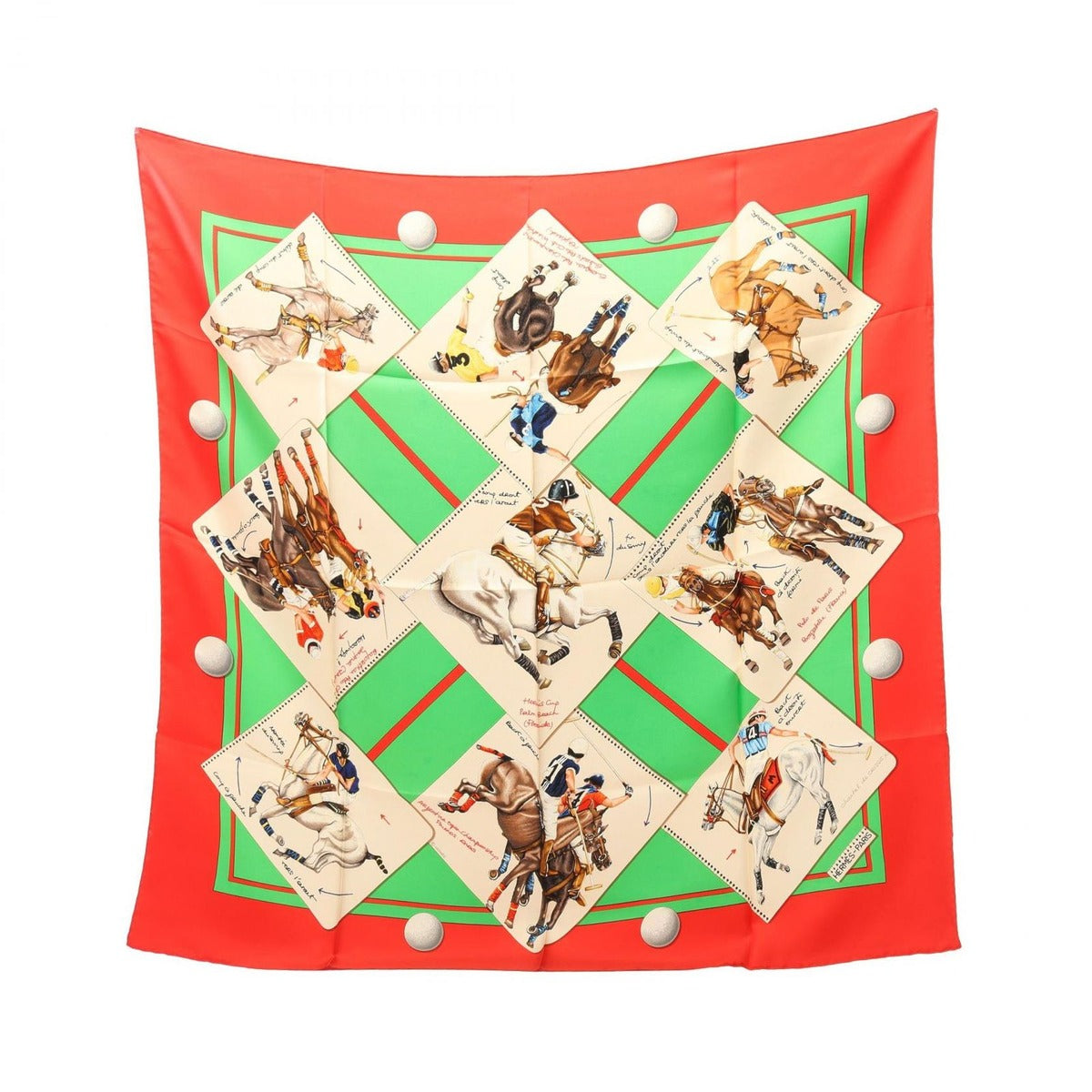 Hermes Scarf Carre 90 le Monde du Polo Silk Green Red Multicolor