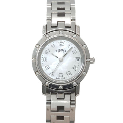 Hermes Cles Cl4 230 Watch Diamond Bezel White Shell Quartz Clipper