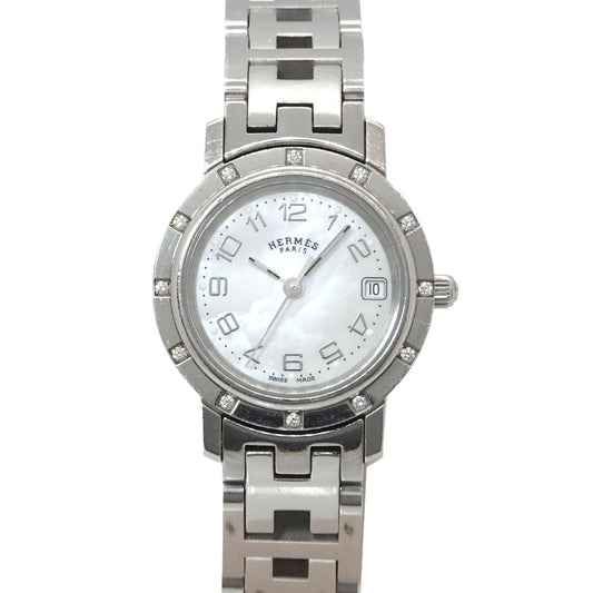 Hermes Cles Cl4 230 Watch Diamond Bezel White Shell Quartz Clipper
