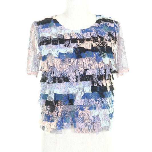 Chanel Floral Lace Short Sleeve Top With Coco Mark Hardware Pink Beige