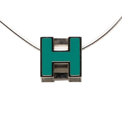Hermes Caje De Ashe H Cube Pendant Necklace Silver Light Blue Metal