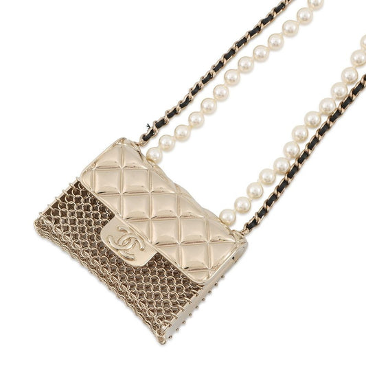 Chanel Necklace CC Logo Quilted Bag Motif Faux Pearl