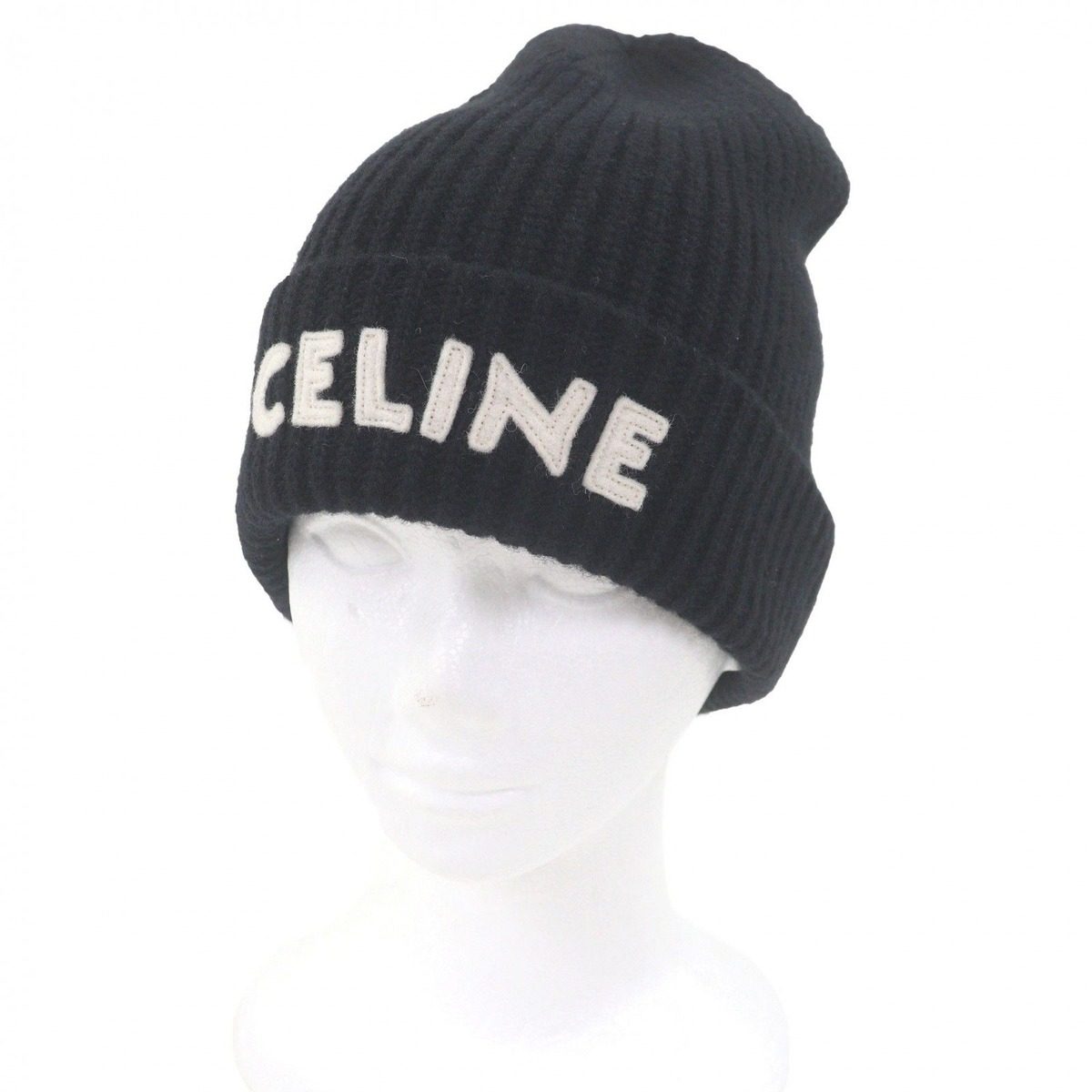 Celine Wool Logo Patch Knit Cap Beanie Black TU