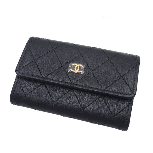 Chanel Card Case Quilted CC Logo Black Gold Leather
