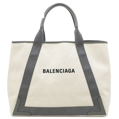 Balenciaga Tote Bag Navy Cabas M Canvas Leather Natural Gray Silver White Logo
