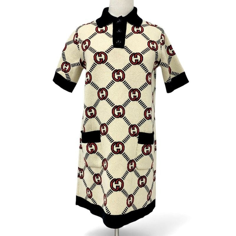 Gucci Dress Beige Black Red Interlocking Reversible Polo Knit