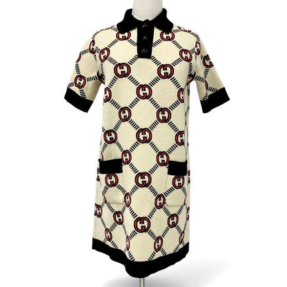 Gucci Dress Beige Black Red Interlocking Reversible Polo Knit