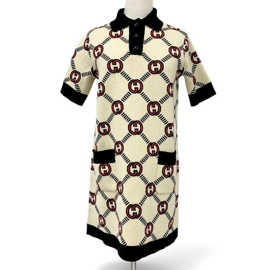 Gucci Dress Beige Black Red Interlocking Reversible Polo Knit