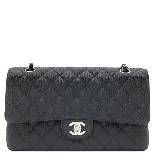 Chanel Shoulder Bag Quilted 25 Chain Caviar Leather Black Bordeaux Silver
