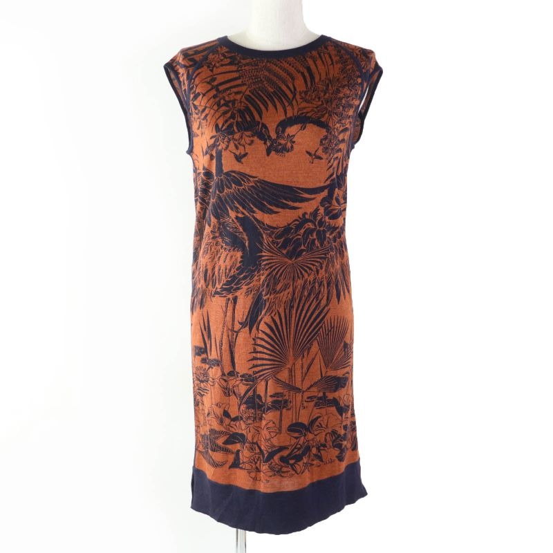 Hermes Flamingo Party Cashmere Silk Sleeveless Dress Brown Navy