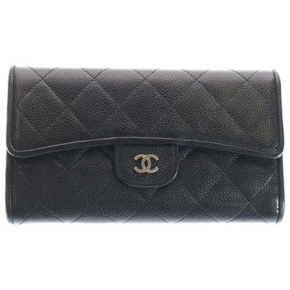 Chanel Quilted Trifold Wallet Long Caviar Leather Black Gold