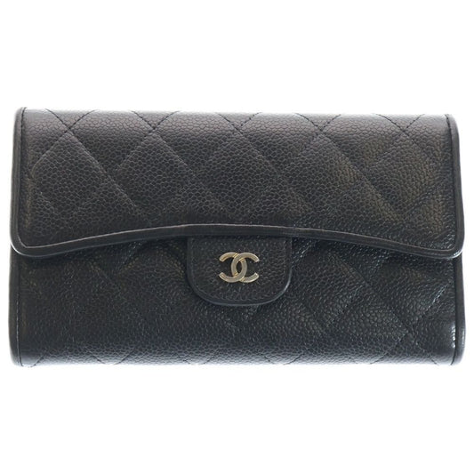 Chanel Quilted Trifold Wallet Long Caviar Leather Black Gold
