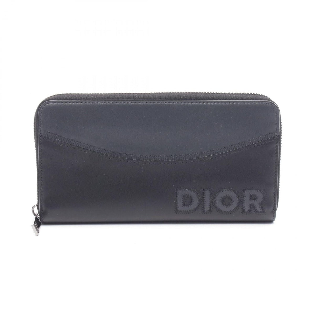 Dior Round Long Wallet Logo Black Gray Leather