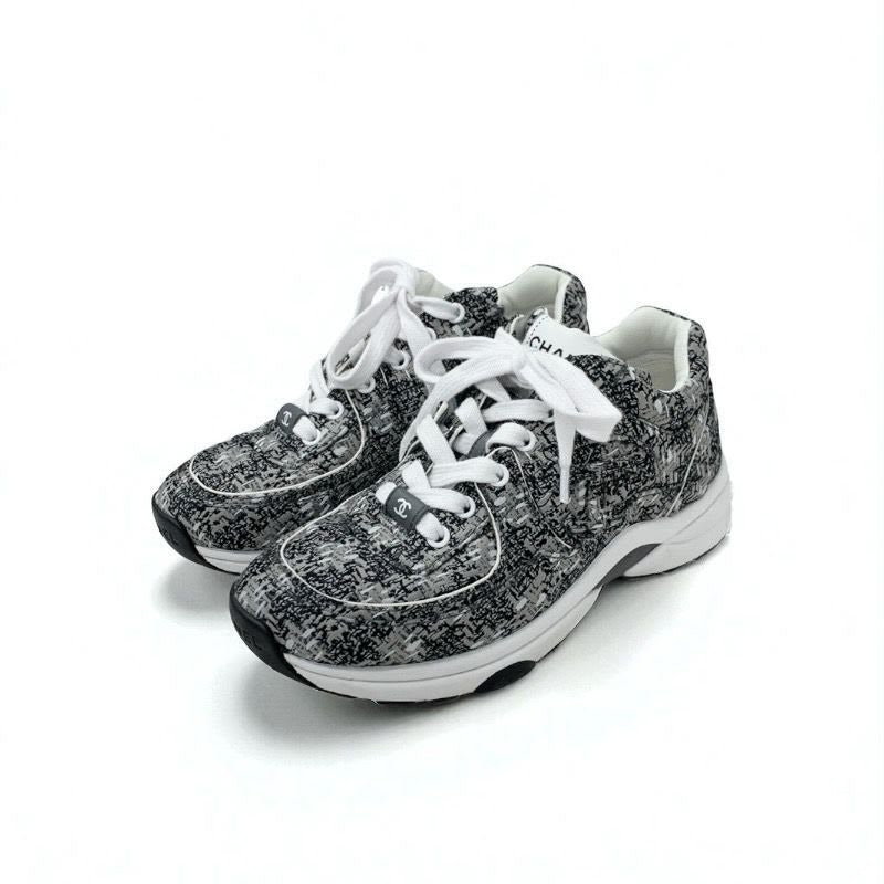 Chanel Sneakers Shoes Fabric Gray Black White Coco Mark Logo
