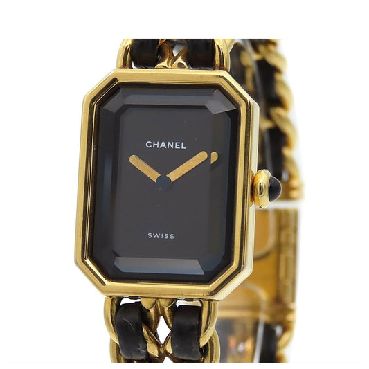 Chanel Premiere Black Gold SS Leather Vintage M Watch Quartz