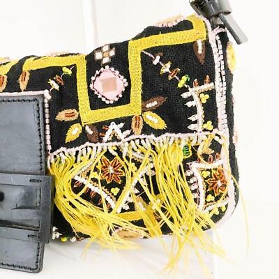 Authentic Fendi Mamma Baguette Beaded Fringe Shoulder Bag Bucket Hand Bag Ff