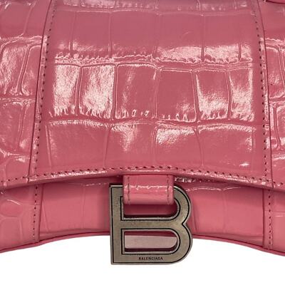 Balenciaga Hourglass Top Handle Mini Bag Crocodile Embossed Leather XS Pink Tote