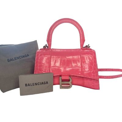 Balenciaga Hourglass Top Handle Mini Bag Crocodile Embossed Leather XS Pink Tote