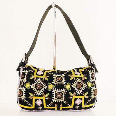 Authentic Fendi Mamma Baguette Beaded Fringe Shoulder Bag Bucket Hand Bag Ff
