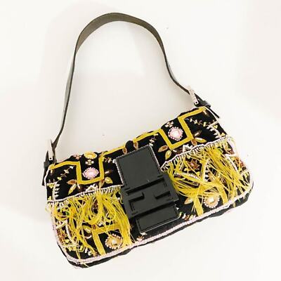 Authentic Fendi Mamma Baguette Beaded Fringe Shoulder Bag Bucket Hand Bag Ff