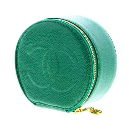 CHANEL CC Caviar Round Pouch Jewelry Travel Case Coin Purse Green