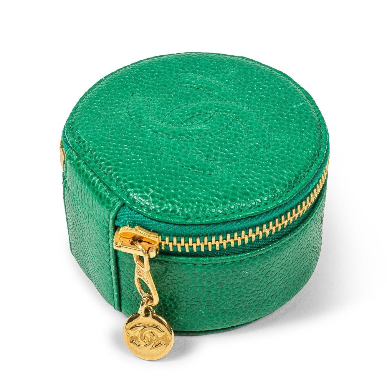 CHANEL CC Caviar Round Pouch Jewelry Travel Case Coin Purse Green