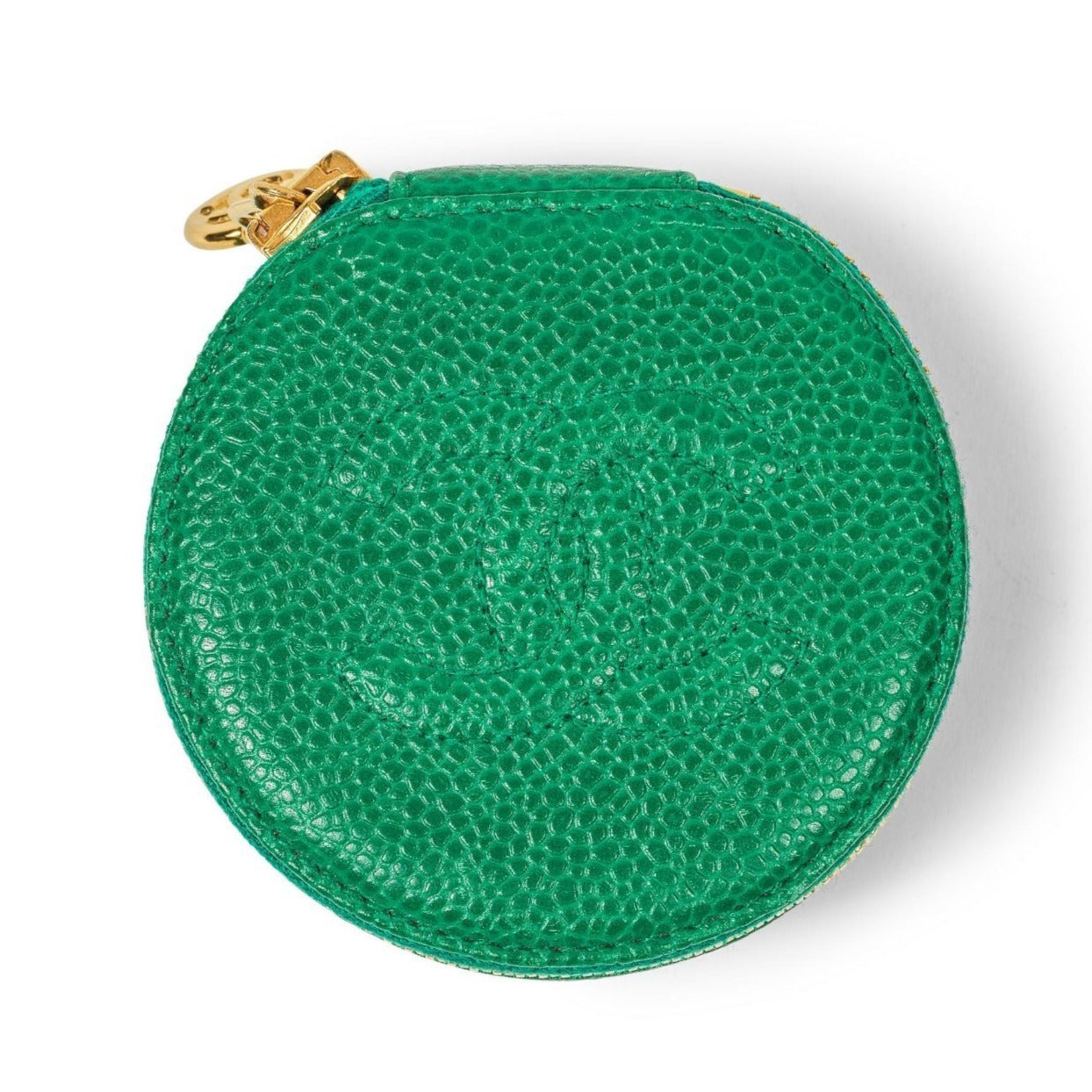 CHANEL CC Caviar Round Pouch Jewelry Travel Case Coin Purse Green