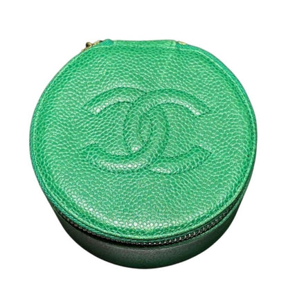 CHANEL CC Caviar Round Pouch Jewelry Travel Case Coin Purse Green